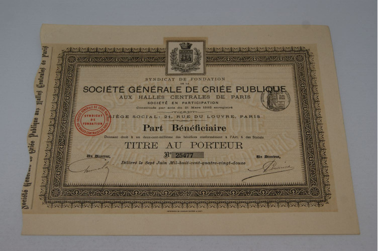 Syndicat de fondation de la société générale de criée publique aux halles centrales de Paris