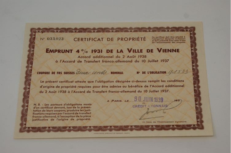 Emprunt 4% 1931 de la Ville de Vienne