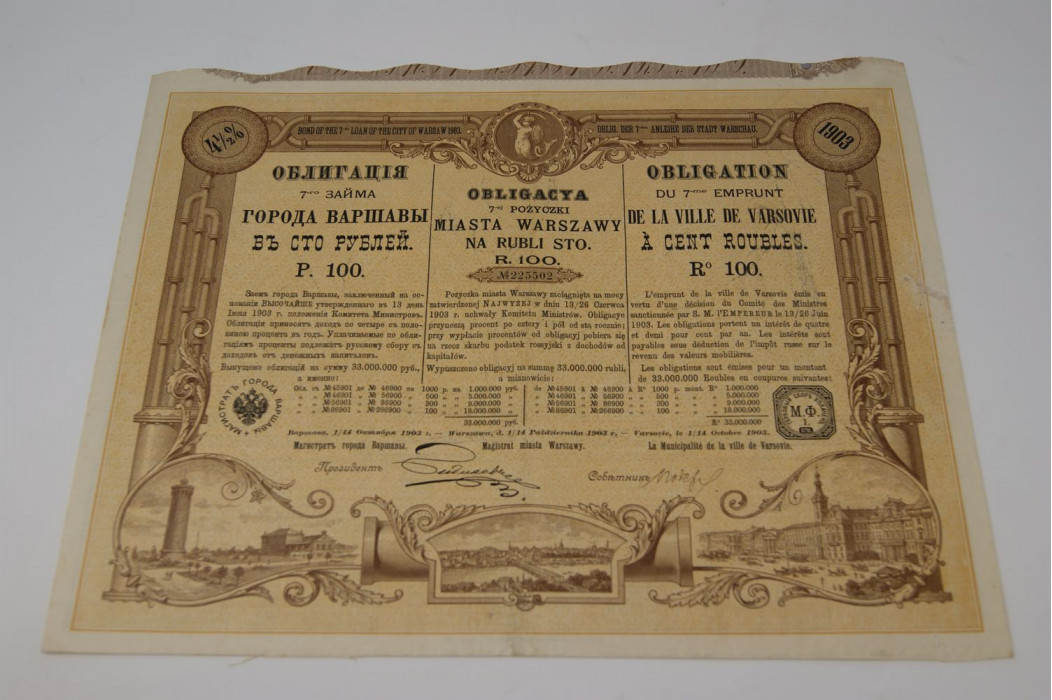 Obligation du 7e emprunt de la ville de Varsovie à cent roubles
