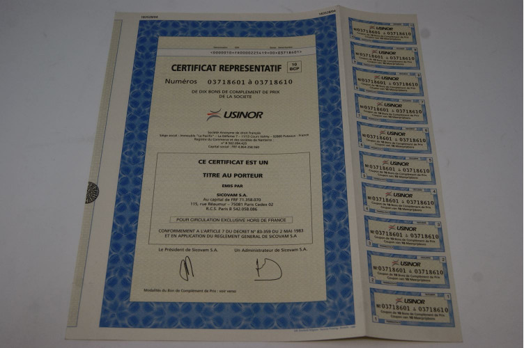 Certificat représentatif USINOR