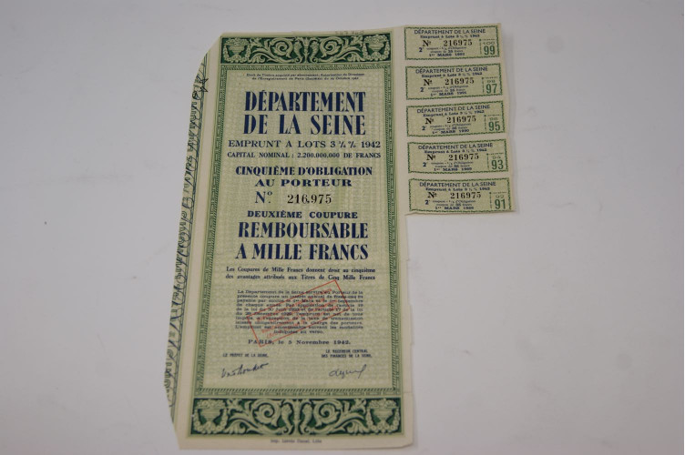 Département de la Seine Emprunt à lots 3 1/2 % 1942