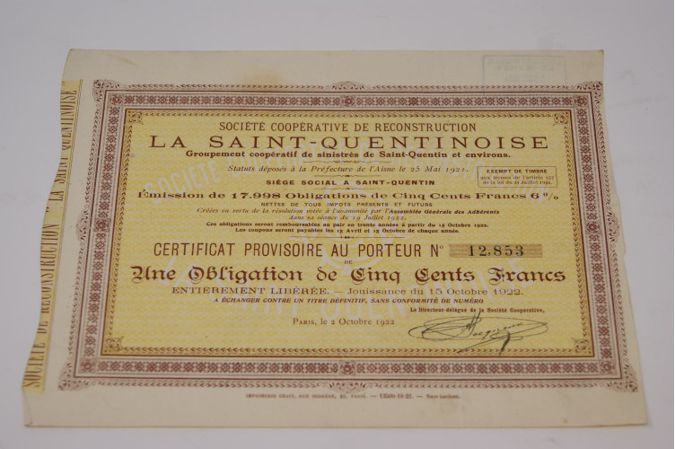 Société coopérative de reconstruction la Saint Quentinoise Groupement coopératif de sinistrés de Saint-Quentin et environs