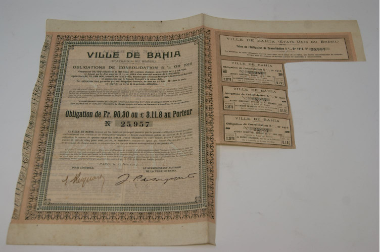 Ville de Bahia (États-Unis du Brésil) Obligation de consolidation 5% Or 1916