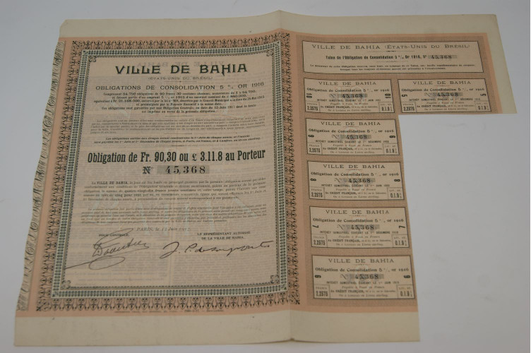 Ville de Bahia (États-Unis du Brésil) Obligation de consolidation 5% Or 1916