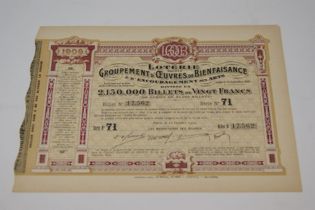 Loterie pour un groupement d'uvres de bienfaisances & d'encouragement aux arts