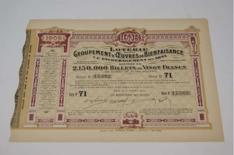Loterie pour un groupement d'uvres de bienfaisances & d'encouragement aux arts
