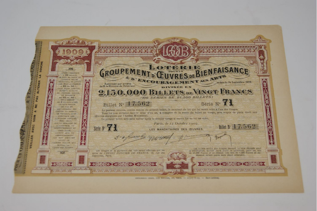 Loterie pour un groupement d'uvres de bienfaisances & d'encouragement aux arts